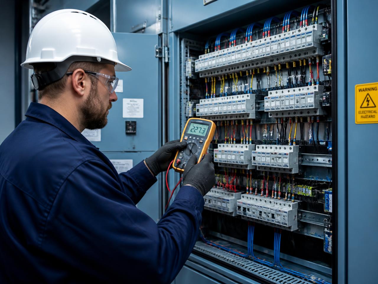 Electrician inspecting an industrial electrical distribution panel