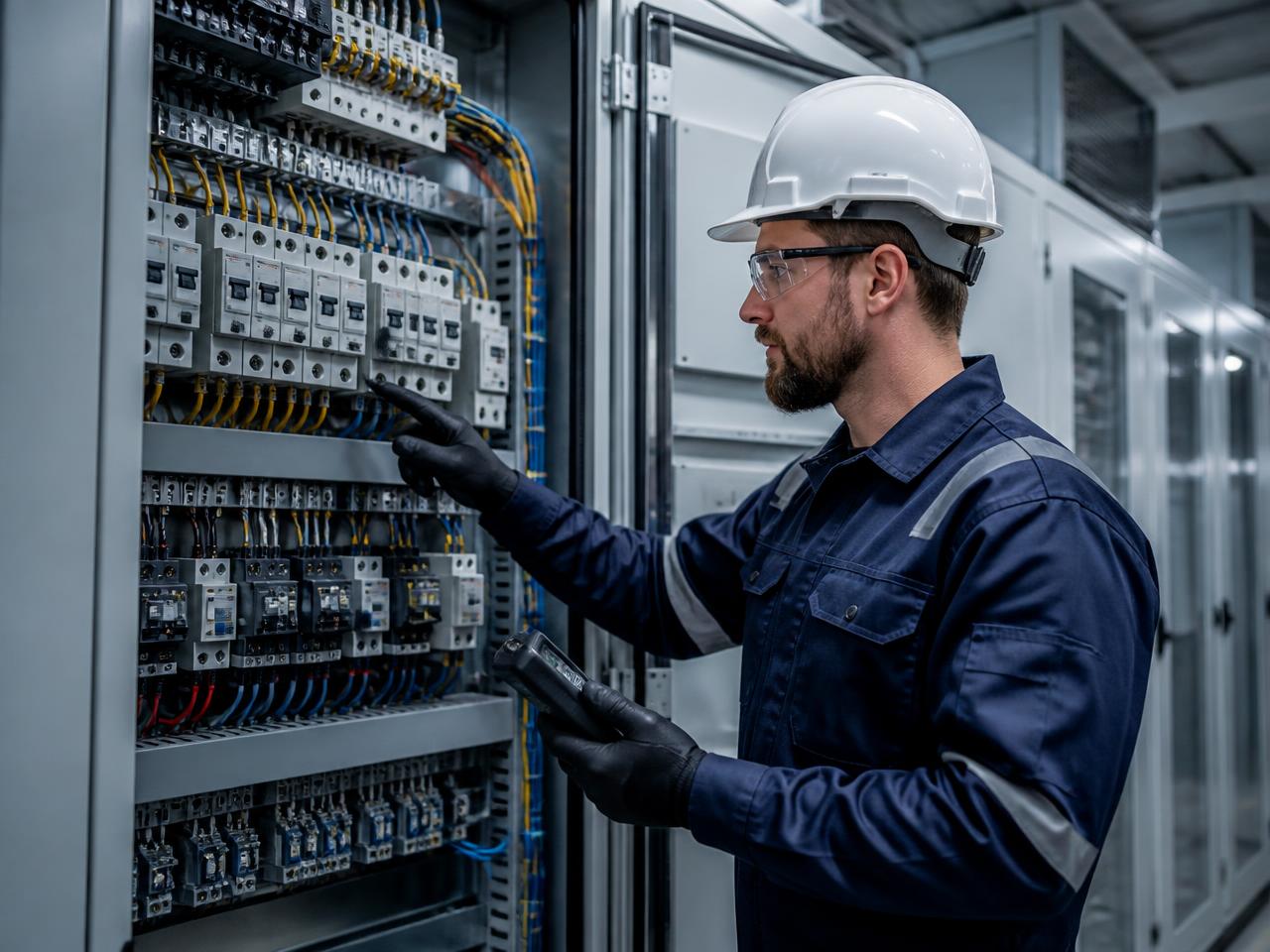 Electrical engineer inspecting an industrial electrical distribution panel
